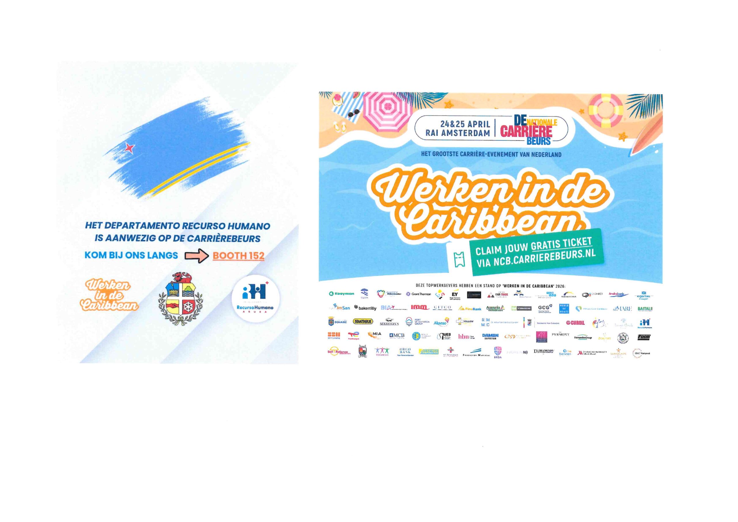 Two promotional posters for a Caribbean-themed career fair; left: Dutch text about HR presence, right: 'Werken in de Caribbean' banner with a free ticket offer and sponsor logos.
