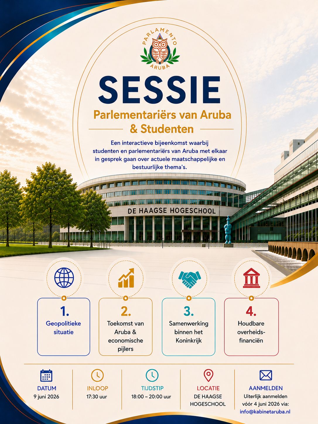 Poster for SESSIE: Parlementariërs van Aruba & Studenten at De Haagse Hogeschool, with event title and campus image.