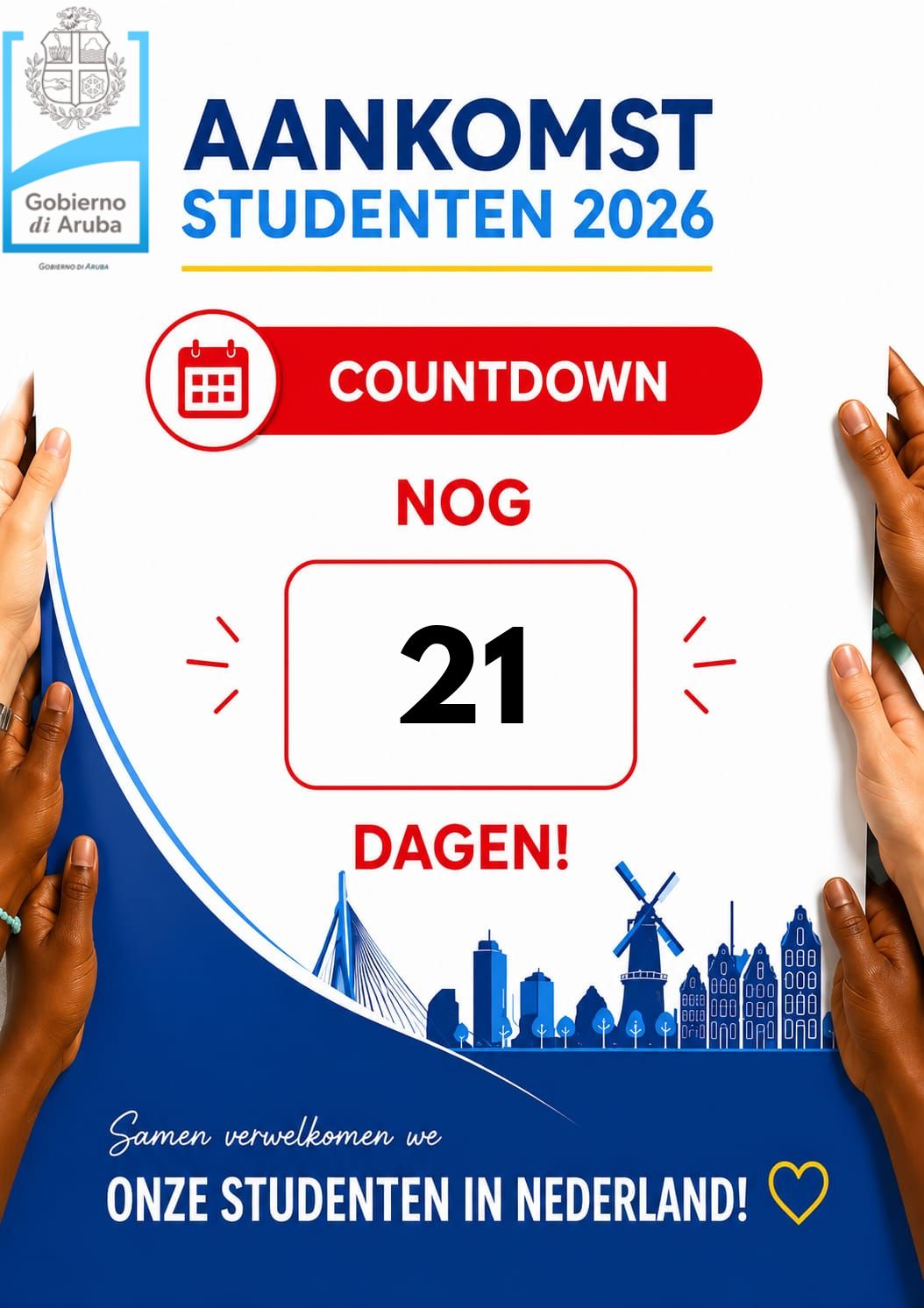 Poster announcing Aankomst Studenten 2026 with a countdown: 21 days remaining, Dutch skyline and hands holding the sides.