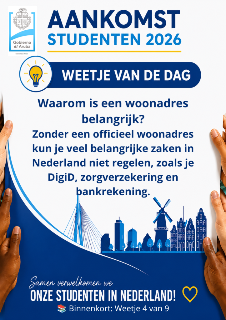 Poster for student arrivals 2026 explaining why an official residence address is important in the Netherlands (DigiD, health insurance, bank account).