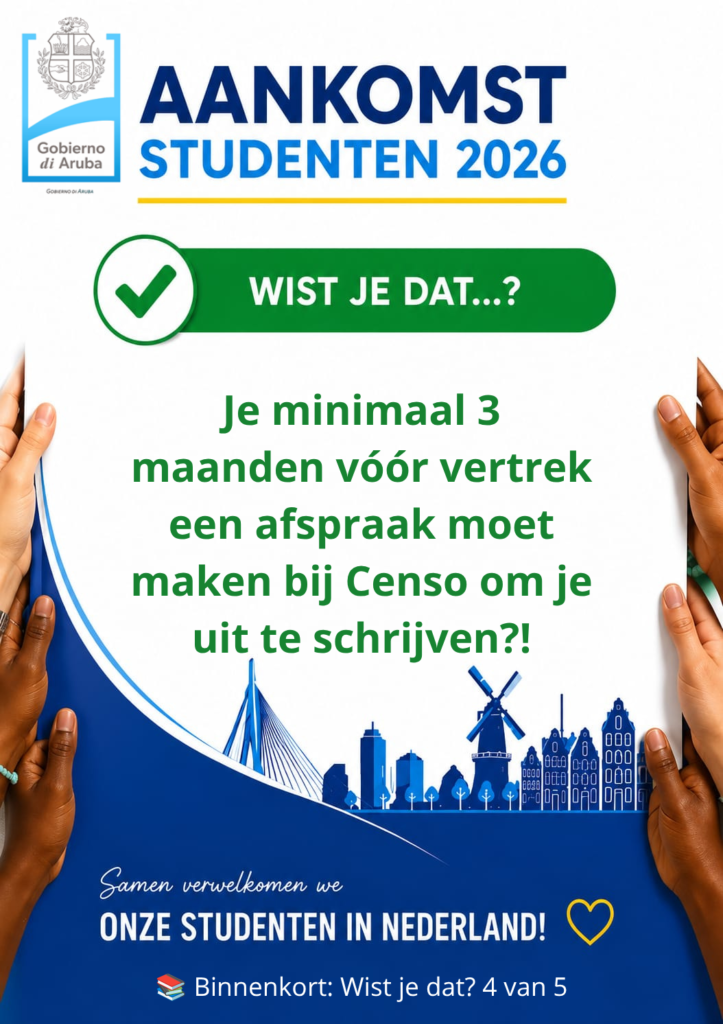 Poster for Aankomst Studenten 2026; Dutch message encouraging students to make an appointment before departure to deregister with Censo.