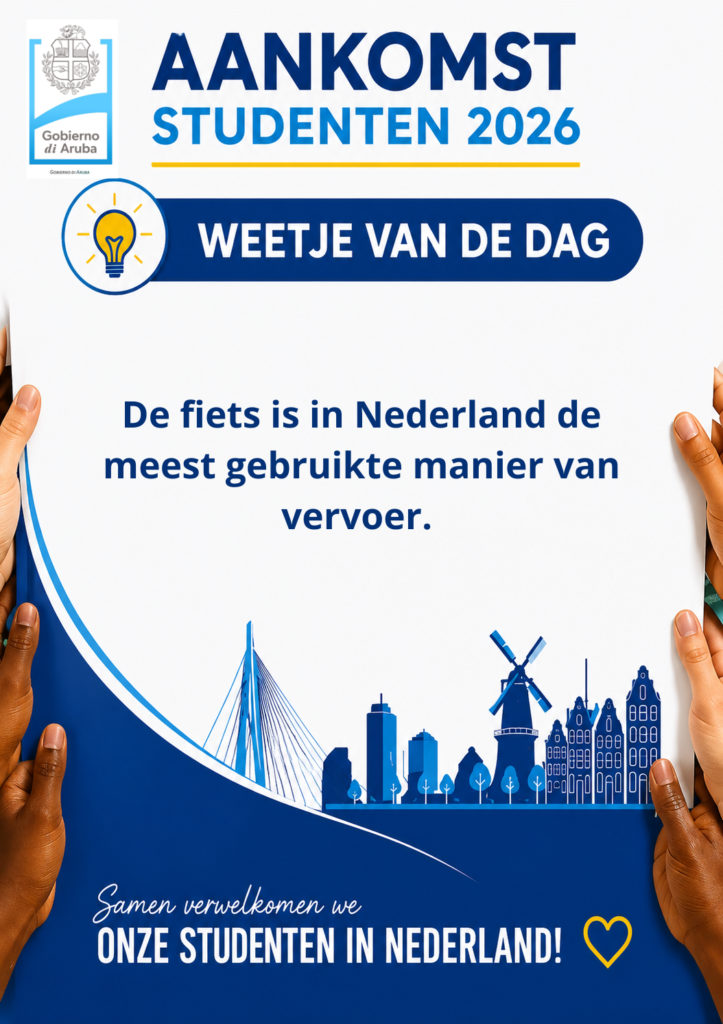 Poster announcing 'AANKOMST STUDENTEN 2026' with logo left, 'WEETJE VAN DE DAG' banner, and hands holding the white sheet in front of a blue city skyline.