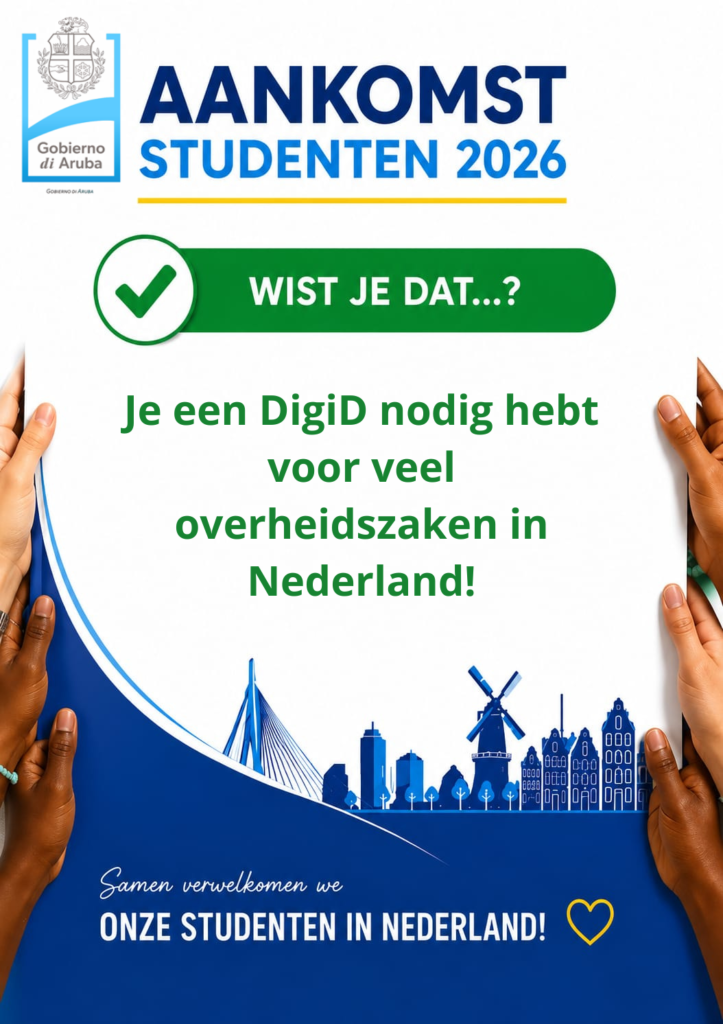 Informative poster for students about needing a DigiD for many government matters in the Netherlands, shown with hands holding a sheet and a blue skyline illustration.