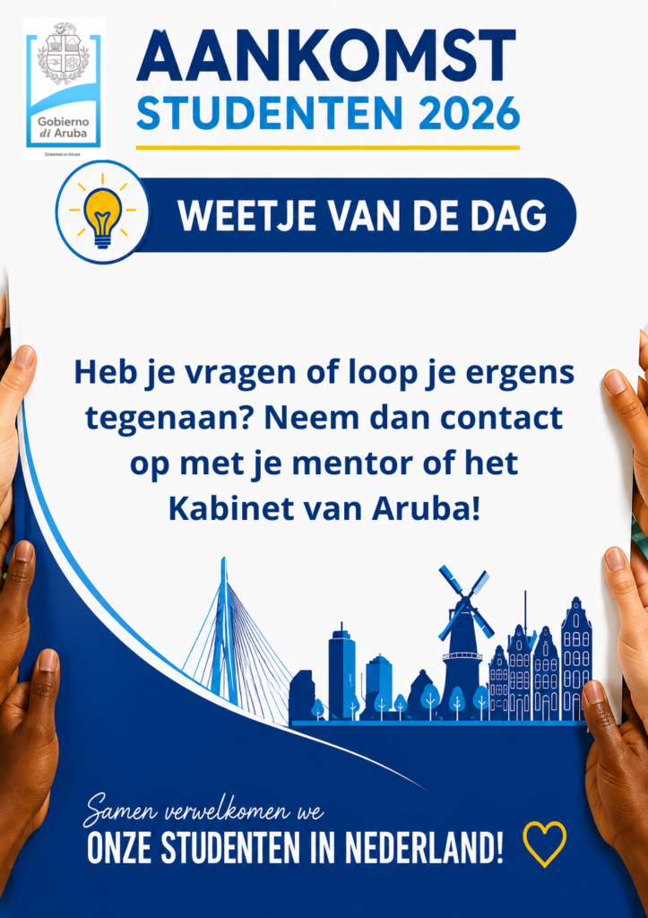 Poster announcing Aankomst Studenten 2026 with 'Weetje van de Dag' banner and Dutch message inviting questions; skyline illustration and hands holding the sign