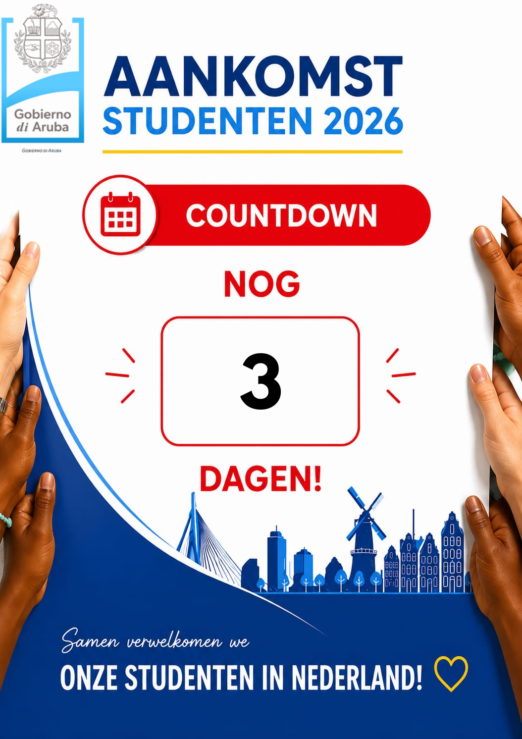 Poster announcing 2026 student arrivals with a countdown: 3 days left, Aruba government crest, and blue city skyline visuals.