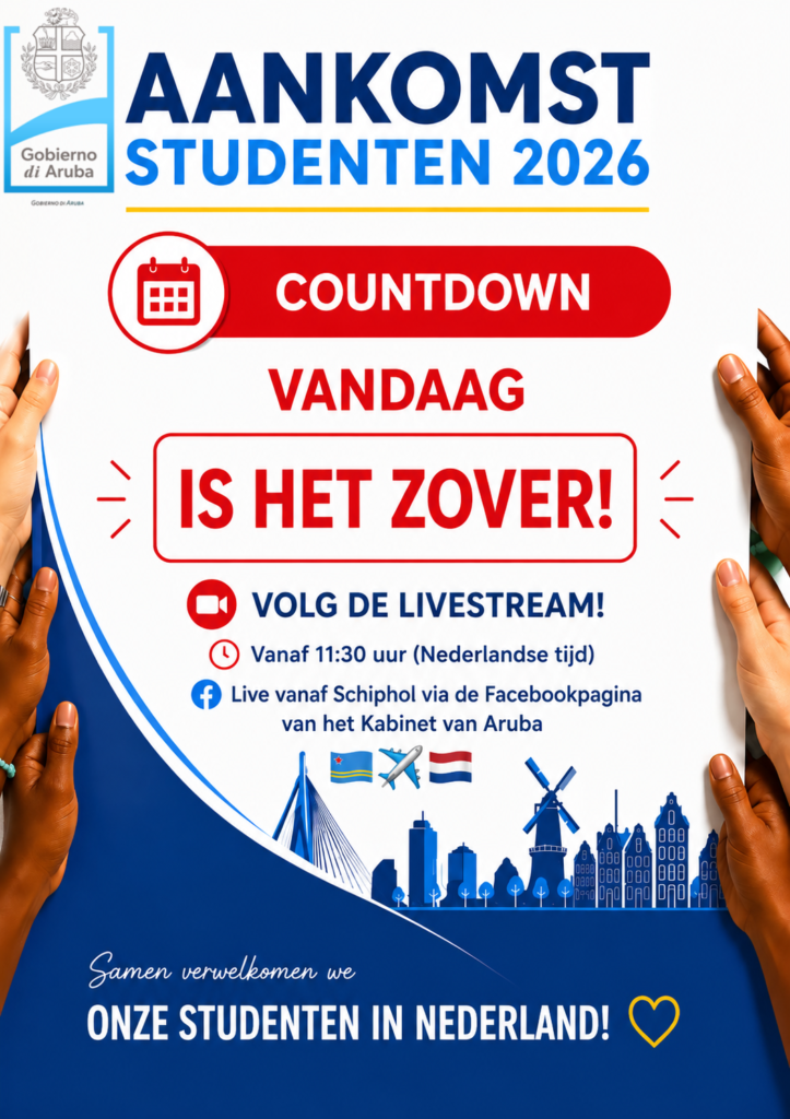 Poster announcing 'Aankomst Studenten 2026' with 'Countdown Vandaag Is Het Zover!' and livestream details; hands hold the poster.