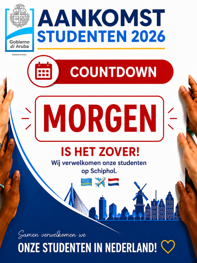 Poster announcing the 2026 student arrivals with a countdown and welcome message at Schiphol, featuring Dutch skyline and hands holding the poster.